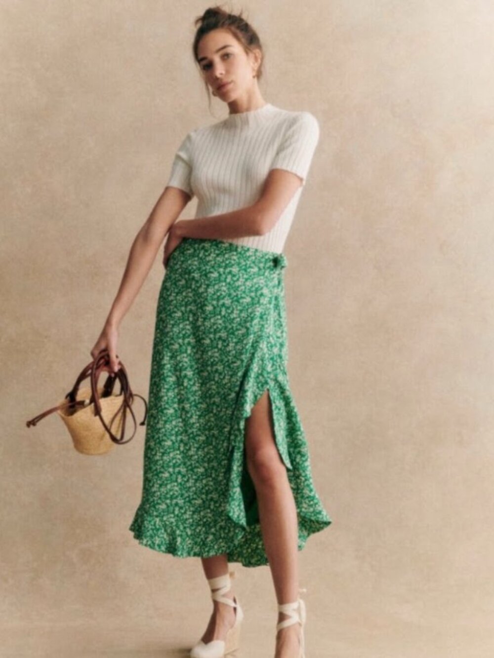 Sezane Melanie Skirt in Garden Green Floral Print - Size 14 (FR 46)